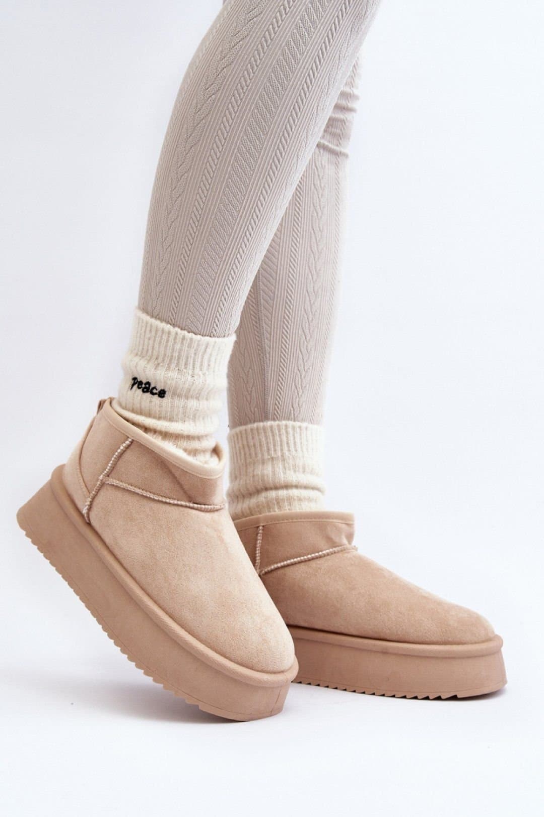 Love Lace Love Lace Women's Low Ankle Snow Boots Thick Sole Insulated Faux Fur Suede in Beige