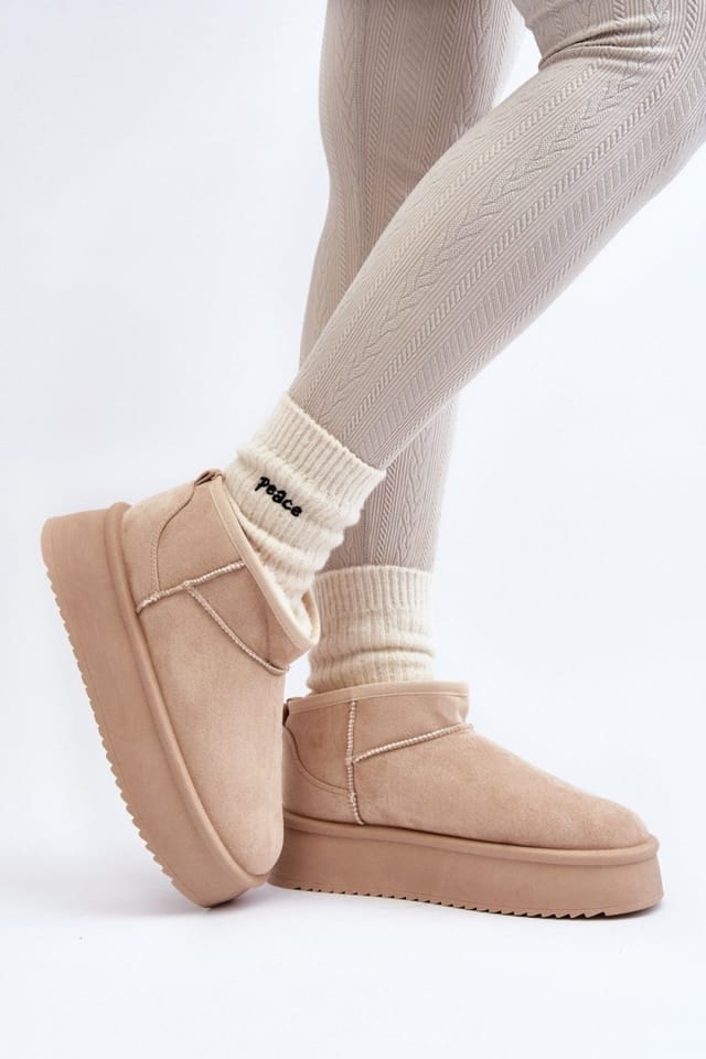 Love Lace Love Lace Women's Low Ankle Snow Boots Thick Sole Insulated Faux Fur Suede in Beige - 2