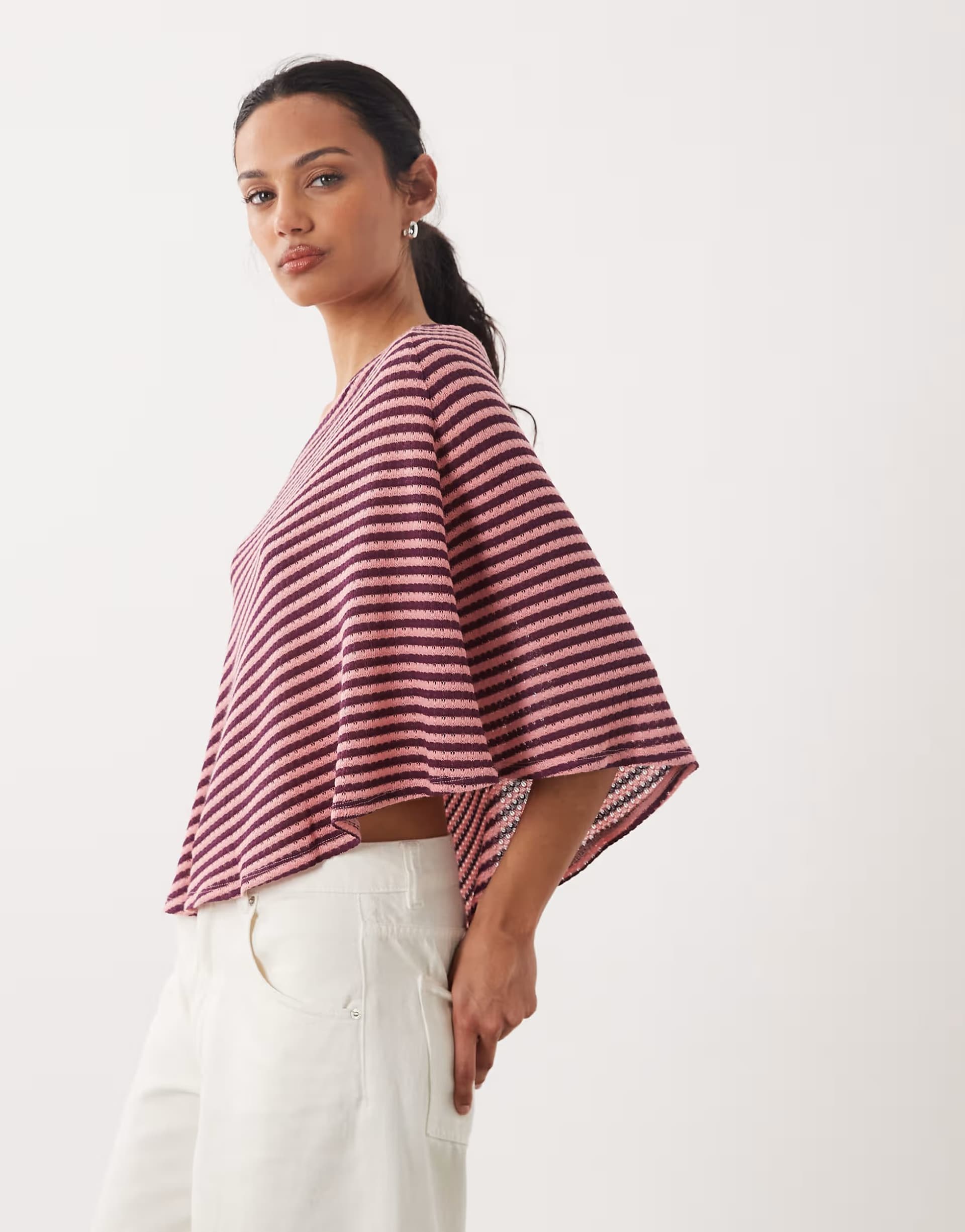 ASOS ASOS DESIGN crochet  look off shoulder cape top in brown and pink stripe