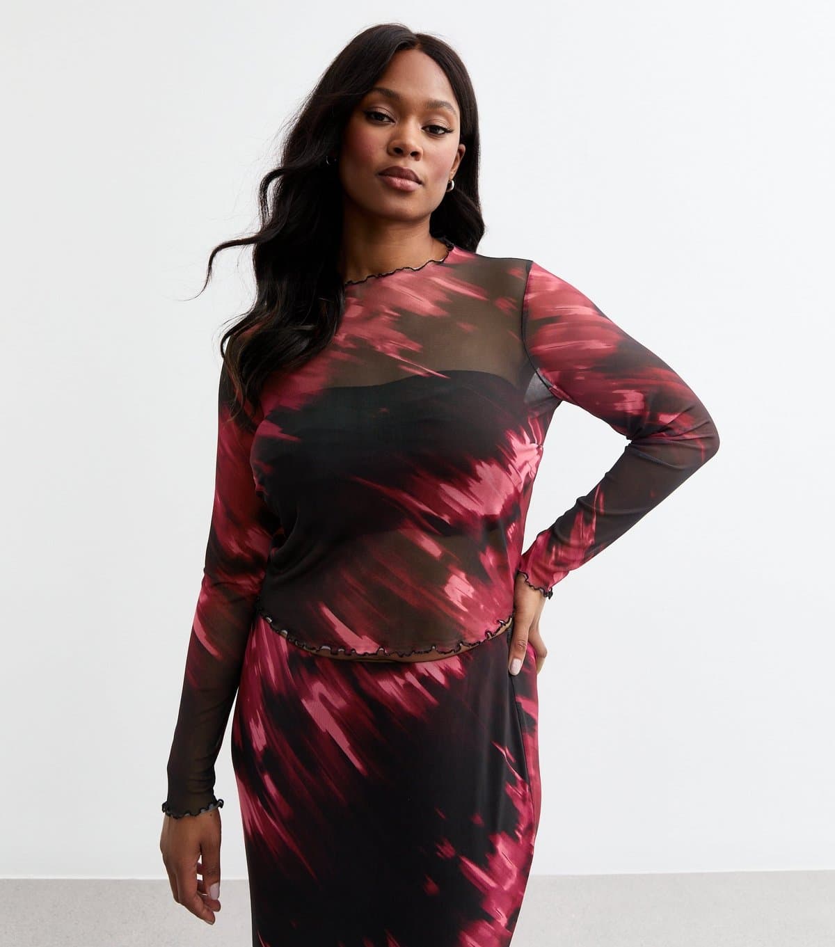 New Look Women's Plus Size Red Abstract Print Mesh Top Curves New Look