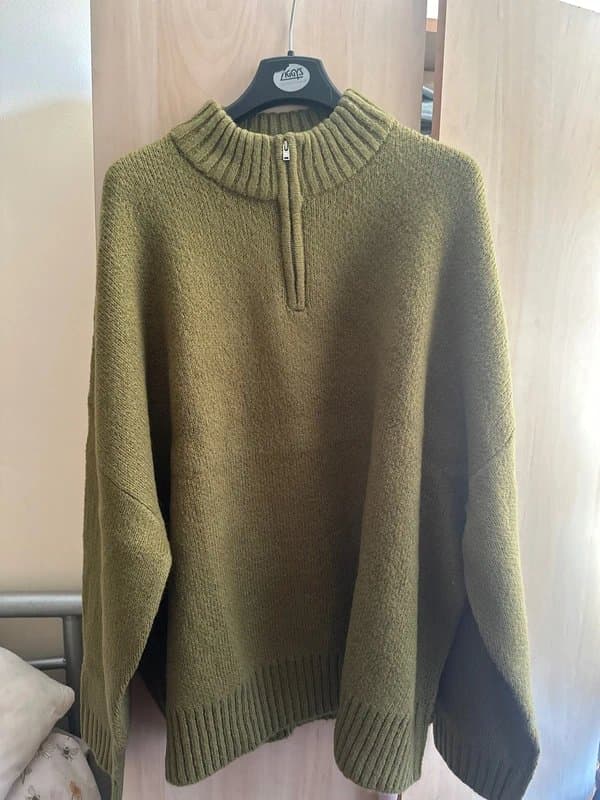ASOS Oversized boxy fit brushed knitted quarter zip jumper in Khaki