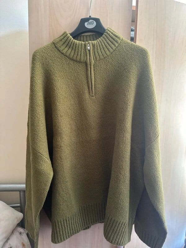 ASOS Oversized boxy fit brushed knitted quarter zip jumper in Khaki - 1