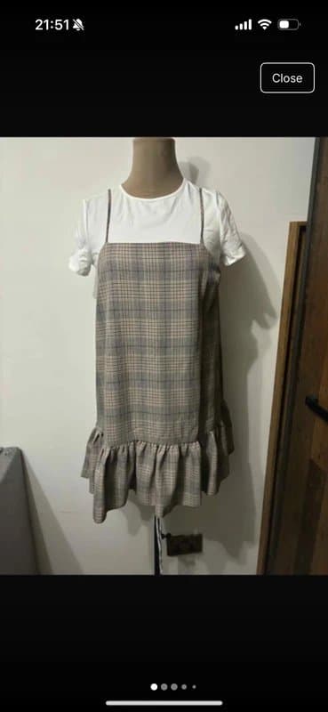 ASOS Design hybrid cami mini dress with contrast t-shirt in neutral check preppy tartan size 10