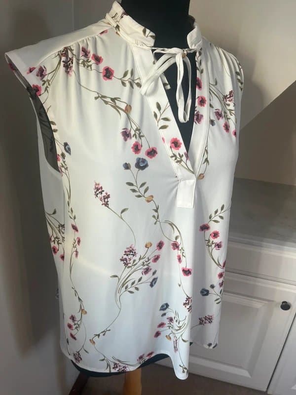 Next Next Petite White Pink Floral Floaty Tie Blouse Top Size 16