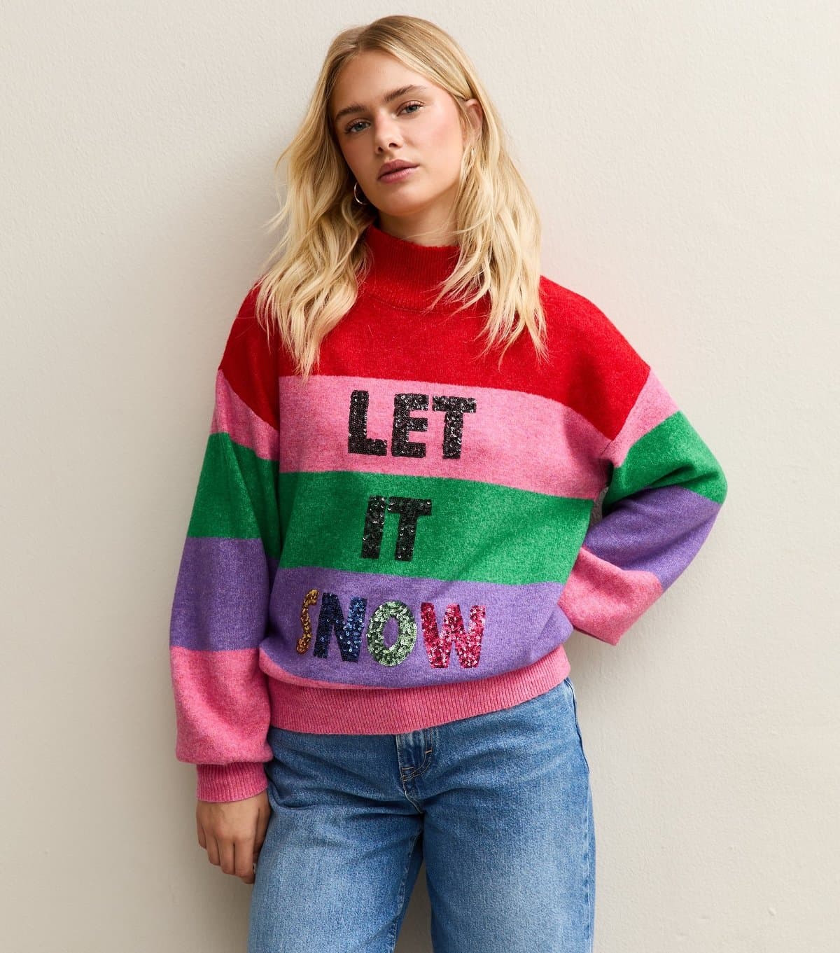 Sunshine Soul Women's Petite Multicolour Striped Let It Snow Jumper Sunshine Soul New Look