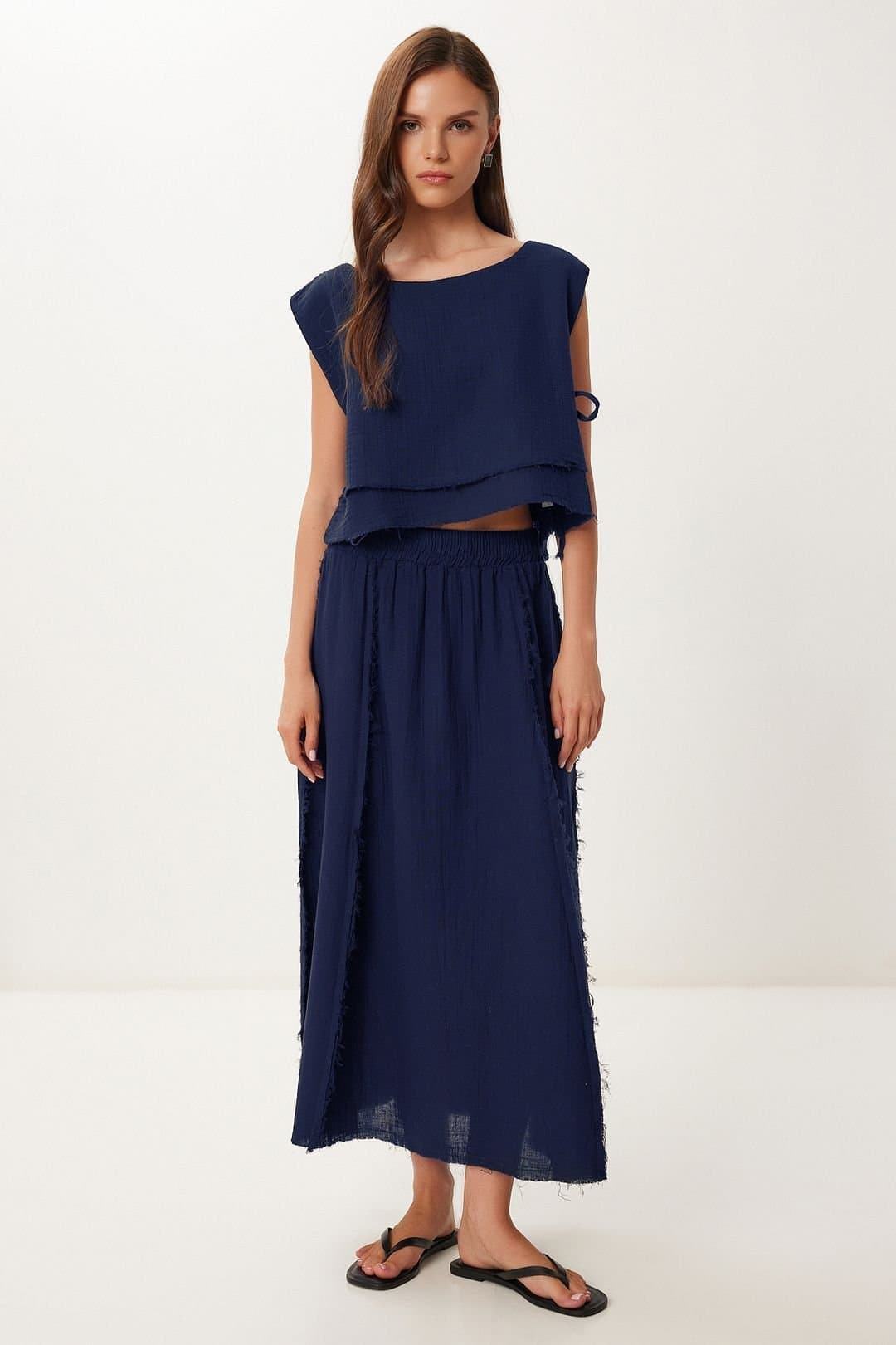 Happiness Istanbul Happiness Istanbul Women's Cotton Sleeveless Blouse & Wide-Leg Skirt Set in Navy