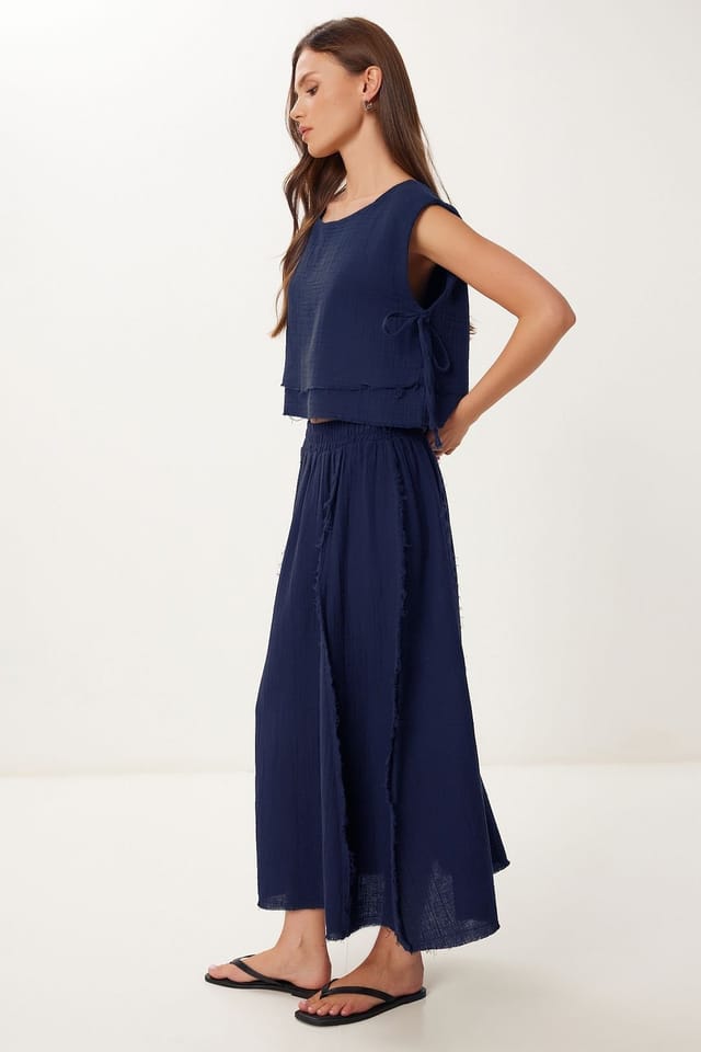Happiness Istanbul Happiness Istanbul Women's Cotton Sleeveless Blouse & Wide-Leg Skirt Set in Navy - 2