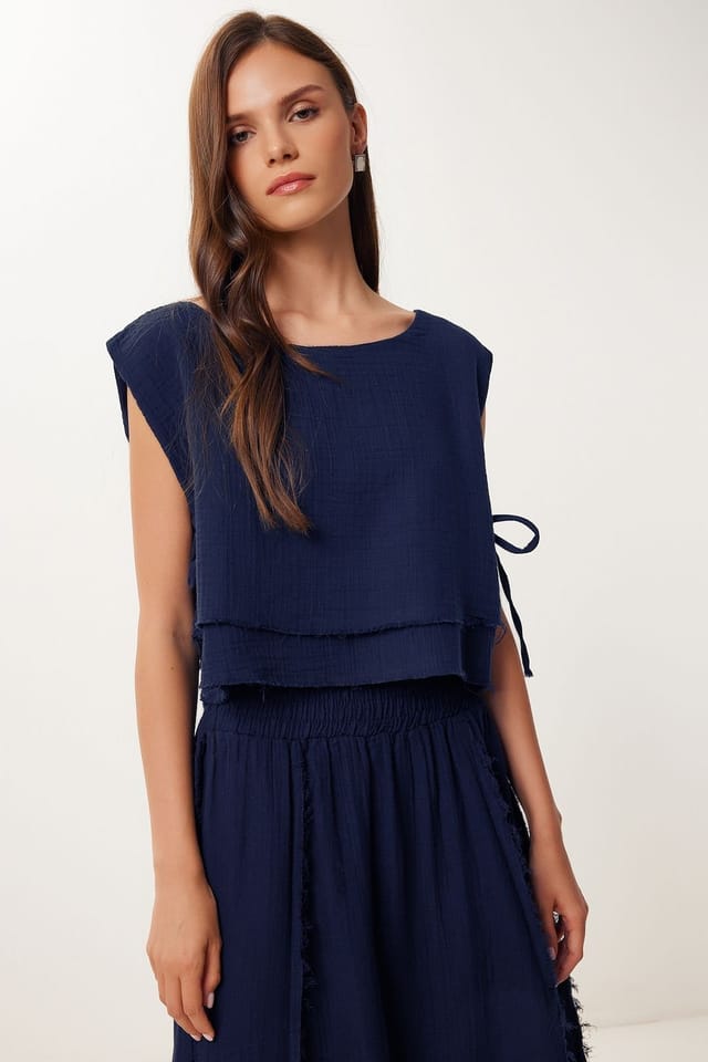 Happiness Istanbul Happiness Istanbul Women's Cotton Sleeveless Blouse & Wide-Leg Skirt Set in Navy - 3