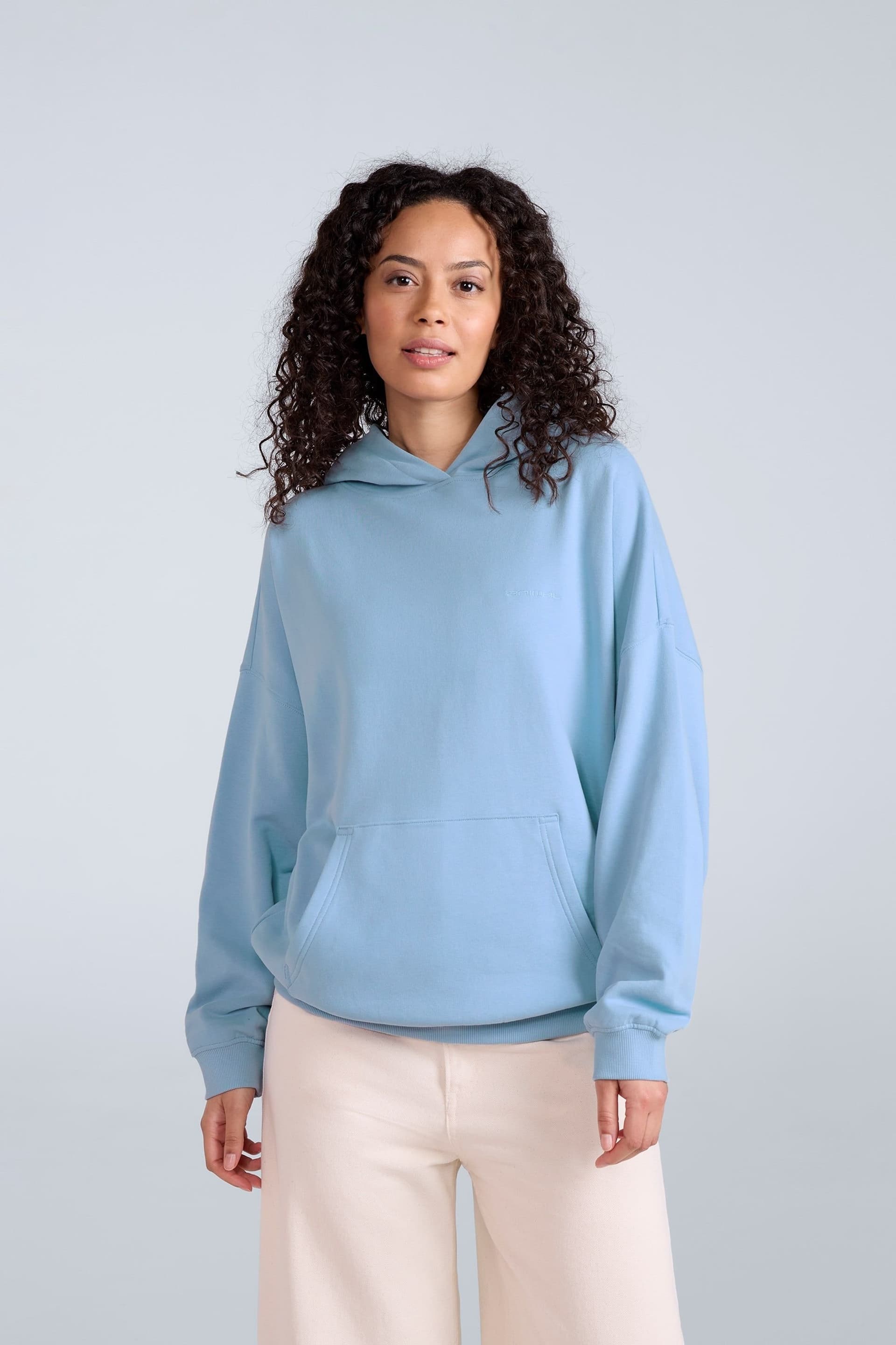 Animal Animal Women's 'Idol' Logo Print Kangaroo Pocket Cotton Snug Fit Drop Shoulder Hoody in Light Blue
