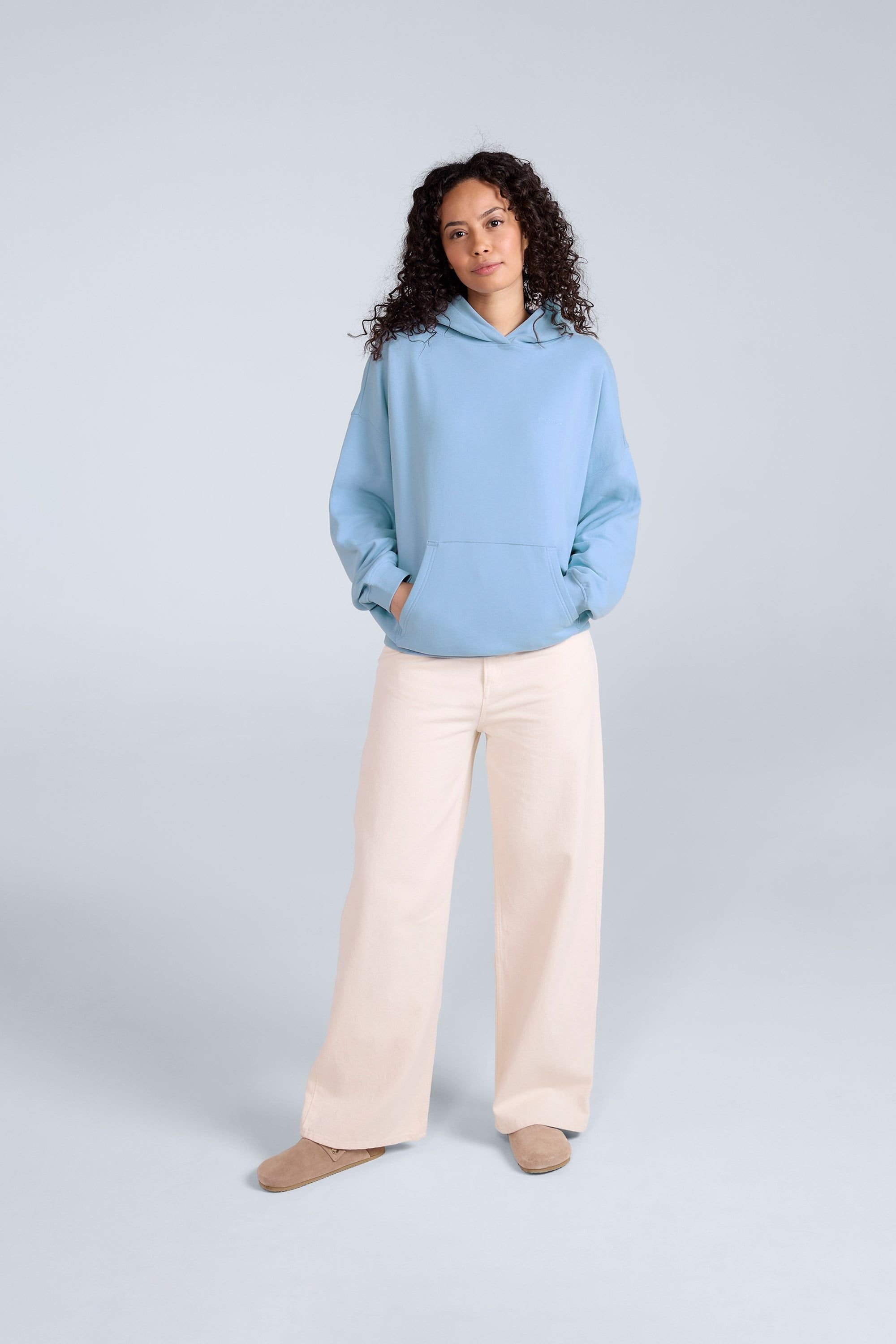 Animal Animal Women's 'Idol' Logo Print Kangaroo Pocket Cotton Snug Fit Drop Shoulder Hoody in Light Blue - 2