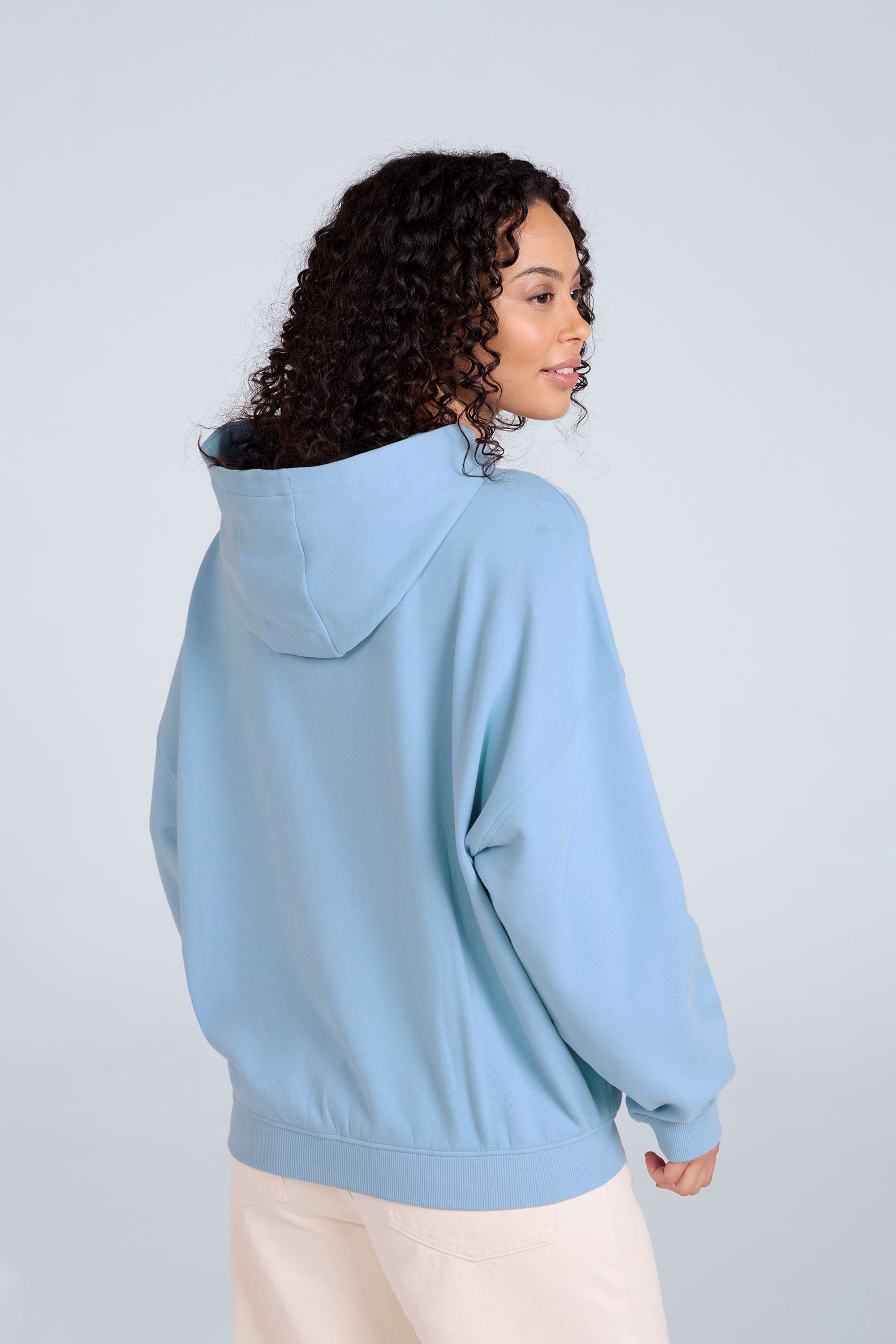 Animal Animal Women's 'Idol' Logo Print Kangaroo Pocket Cotton Snug Fit Drop Shoulder Hoody in Light Blue - 3