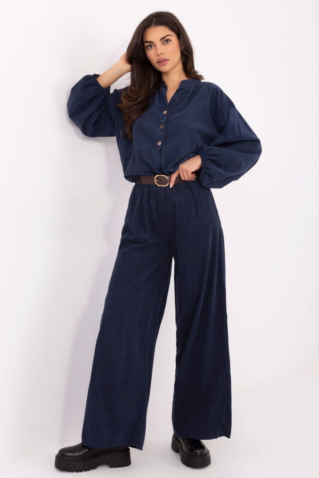 Love Lace Love Lace Navy Polyester High Waist Wide Leg Corduroy Pants