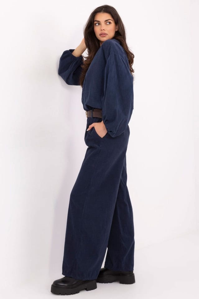 Love Lace Love Lace Women's Italy High Waist Wide Leg Corduroy Pants in Navy - 2