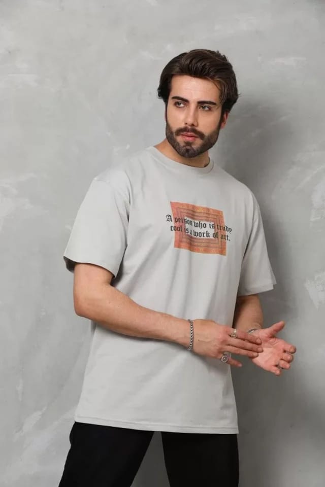 Janes Janes Men's Oversized Text Print Crew Neck T-Shirt in Grey - 3