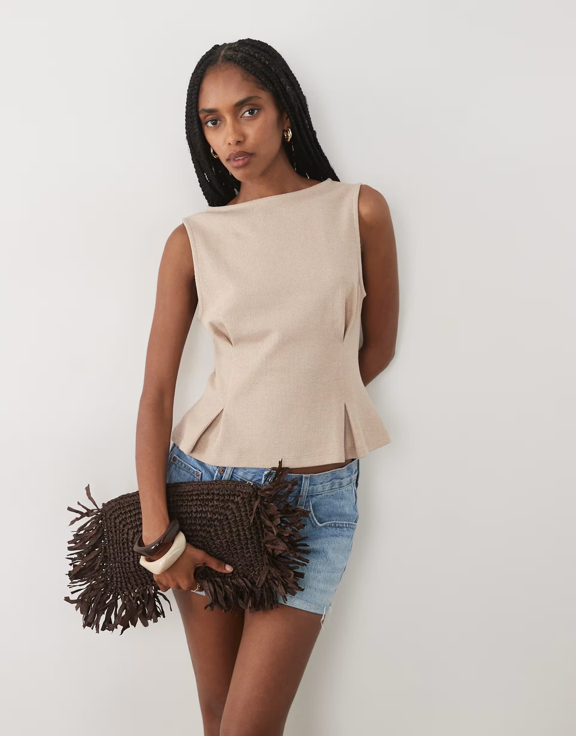 ASOS ASOS Oatmeal Soft Rib Tank With Peplum Hem