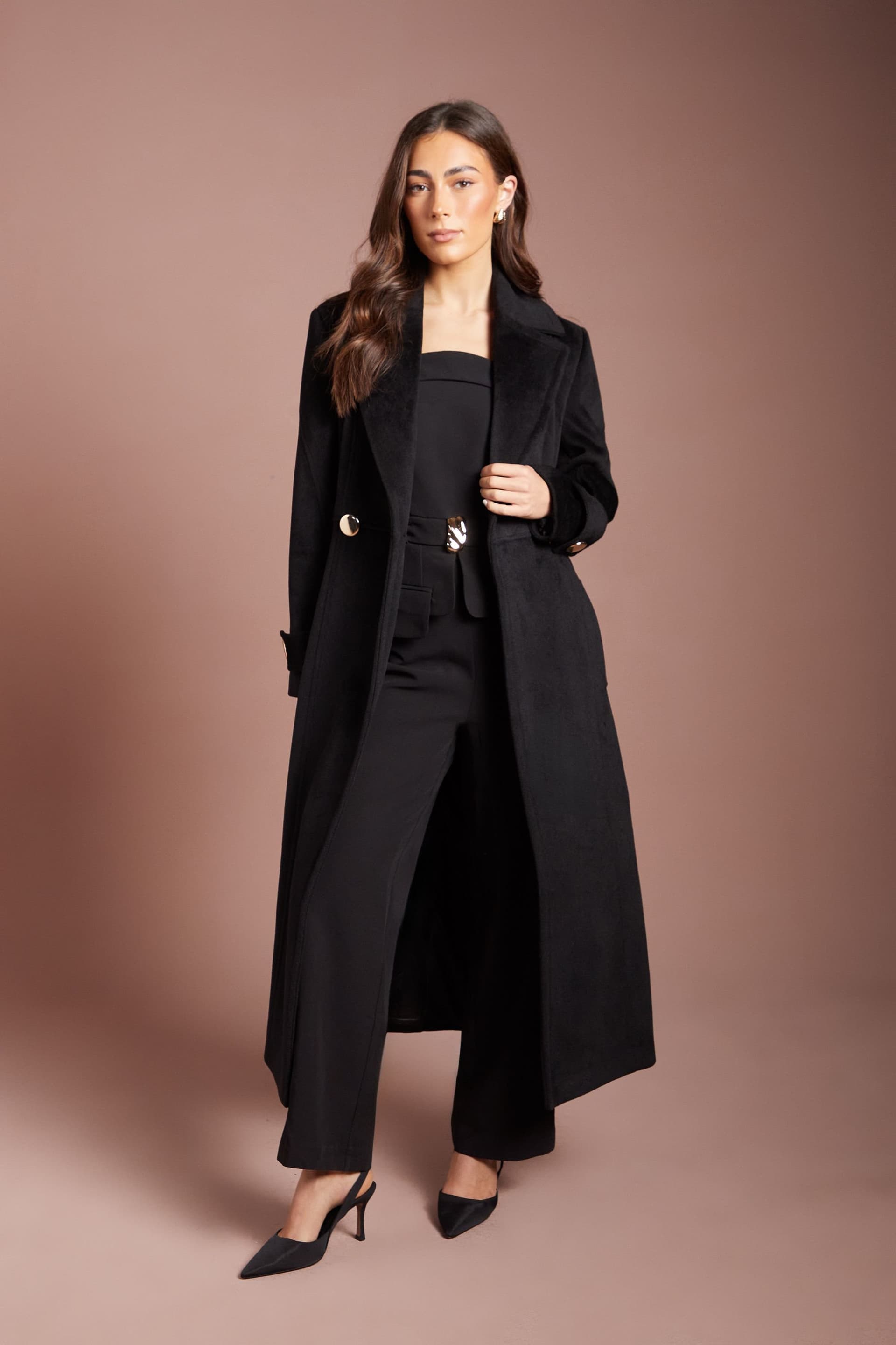 Coast Coast Women's Black Wide Collar Button Front Occasion Maxi Coat