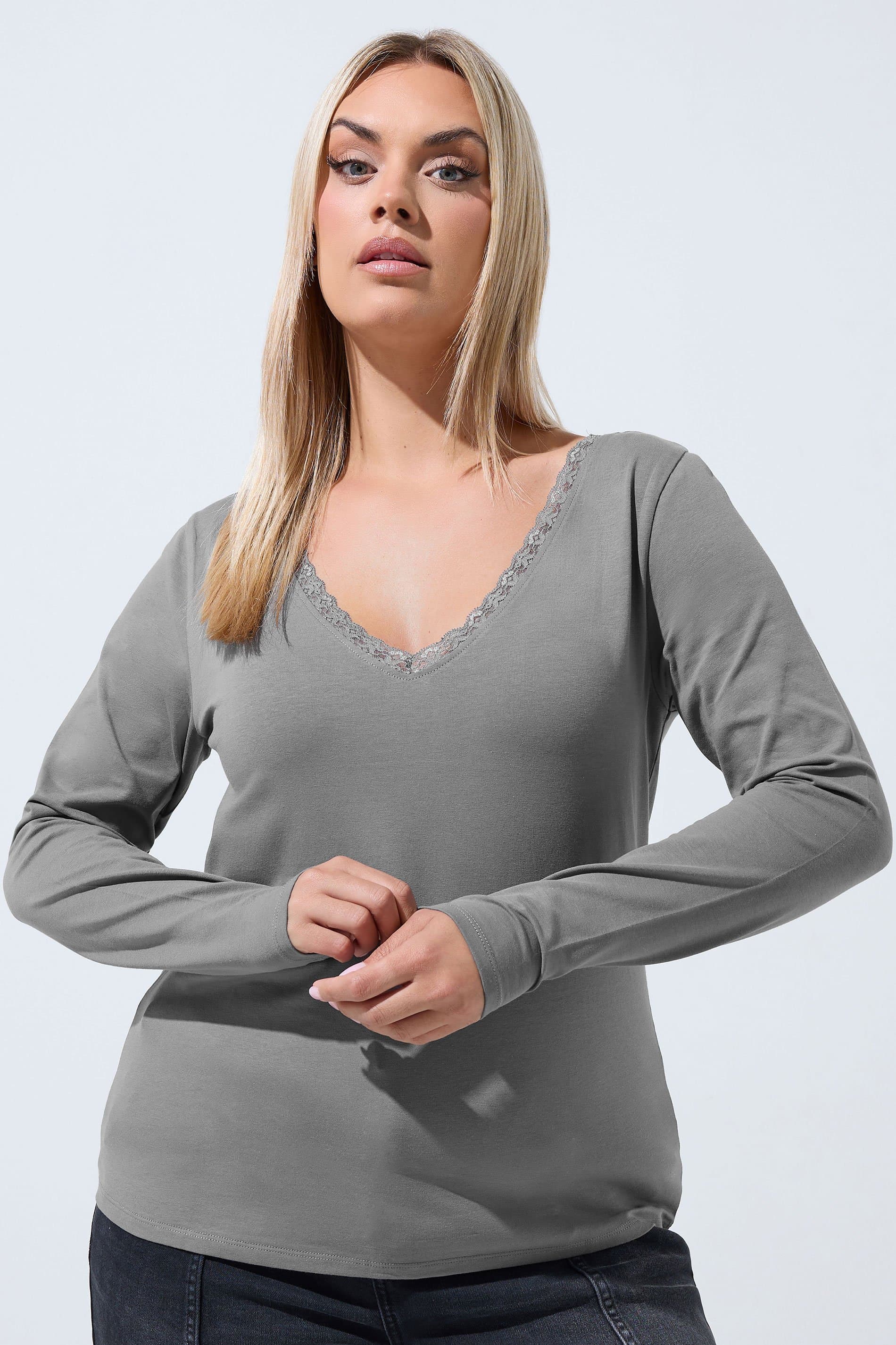 Limited Collection Plus Size Plus Size Grey Lace Trim Top