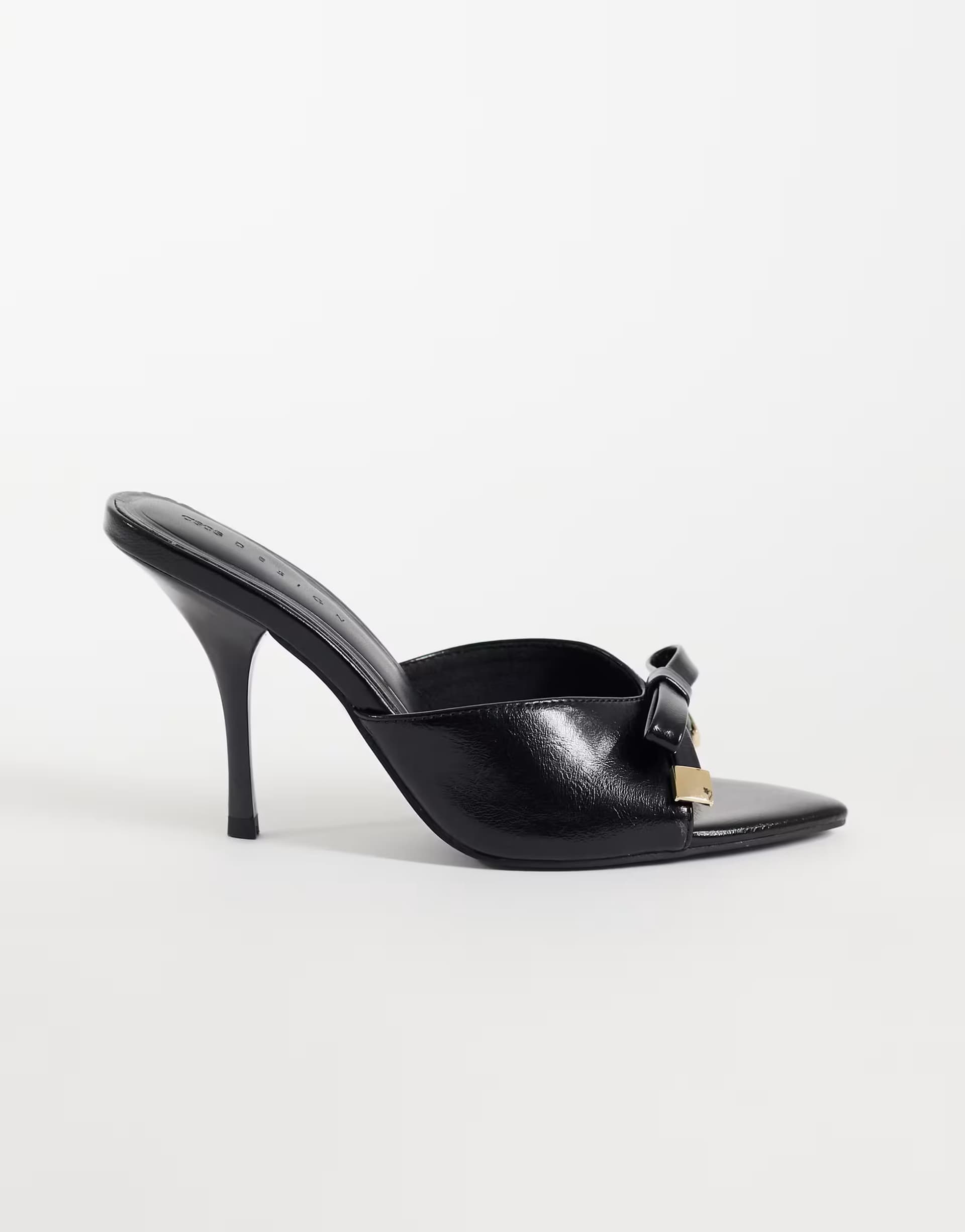 ASOS ASOS DESIGN Wide Fit Nelly bow detail high heeled mules in black suedette