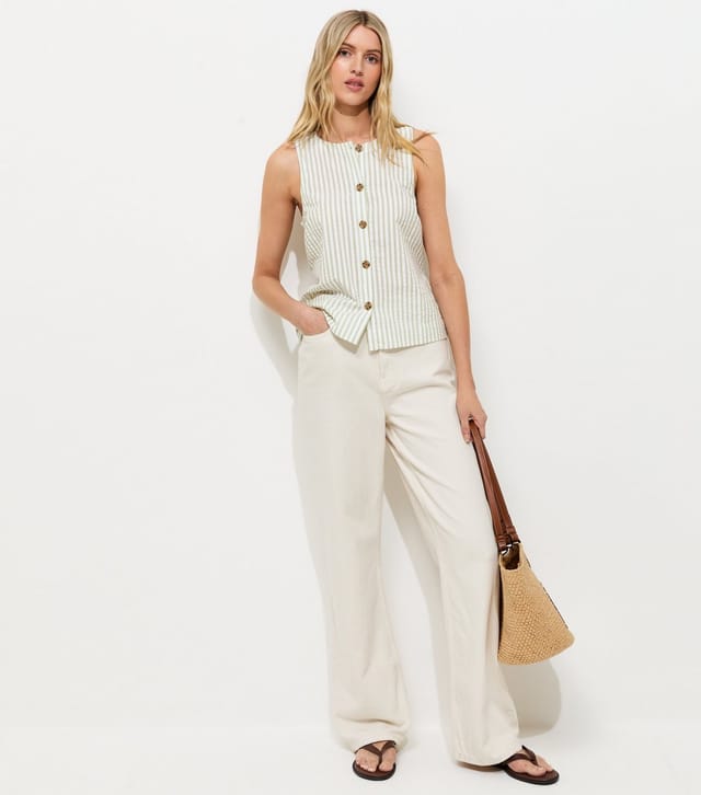 New Look Women's Tall Cream Cotton Stripe Button Shell Waistcoat New Look - 3