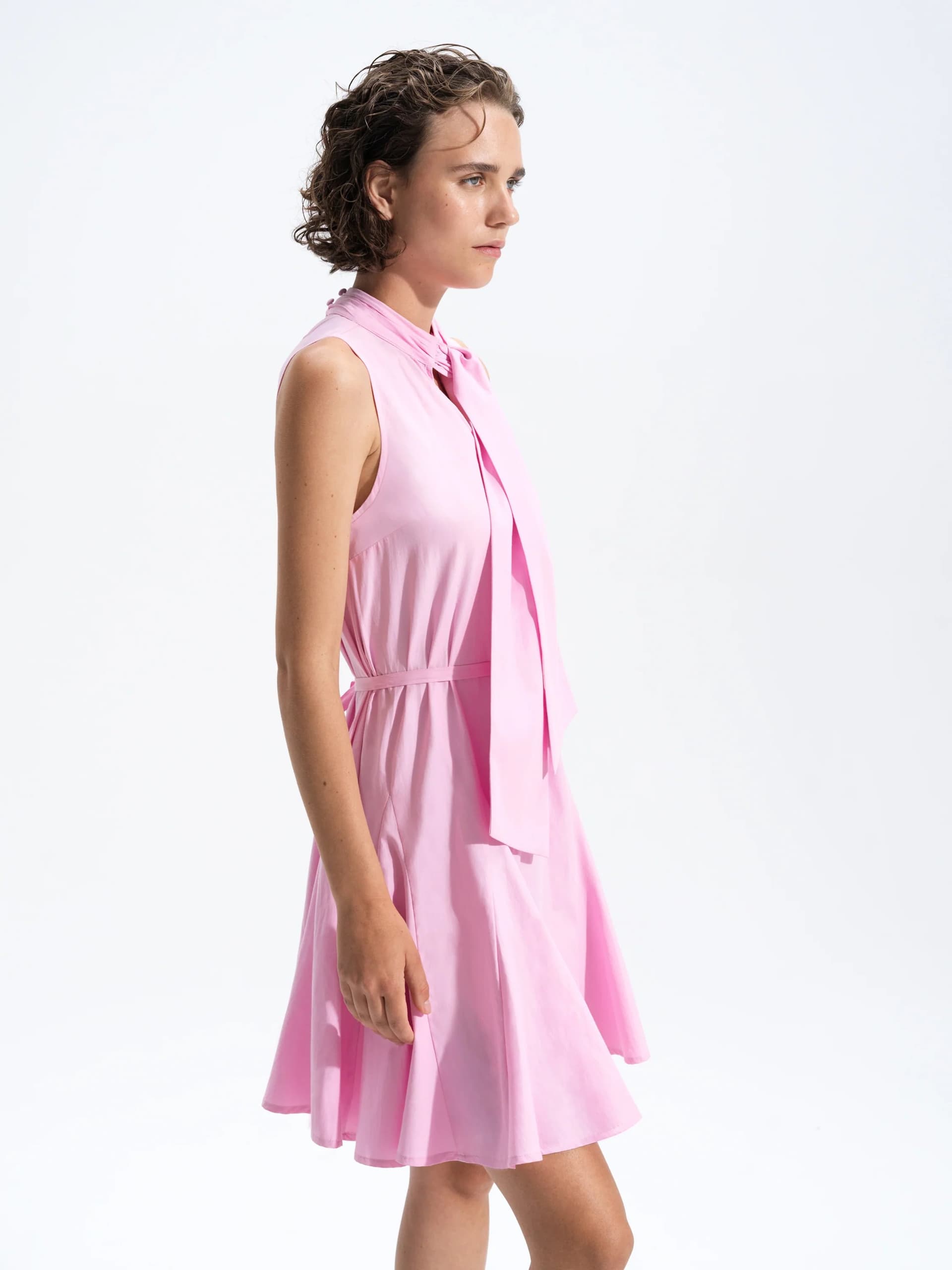 French Connection Era Poplin Bow Neck Godet Light Pink Mini Dress Light French Pink