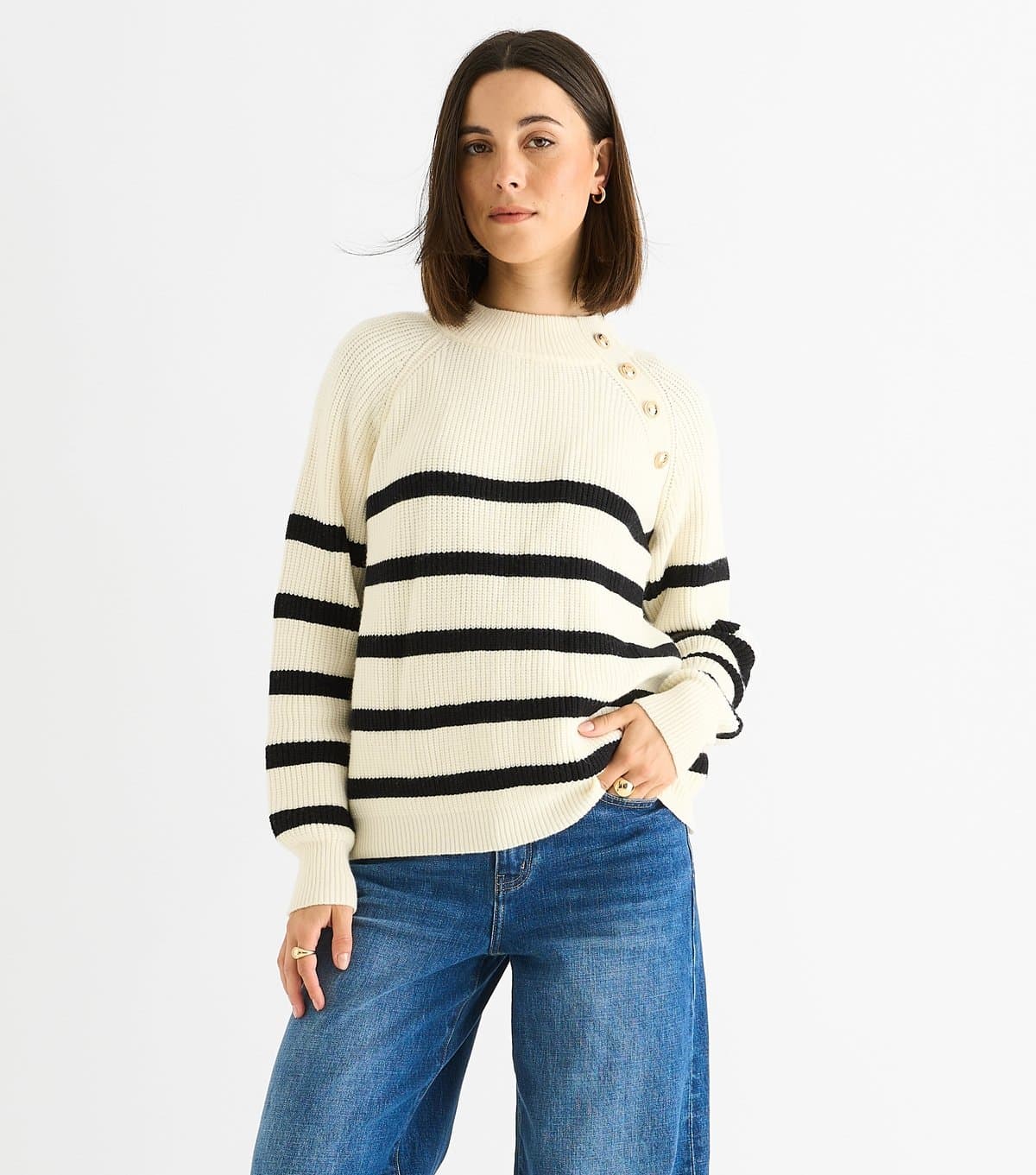 Gini London Women's Cream Striped Button Detail Jumper Gini London New Look