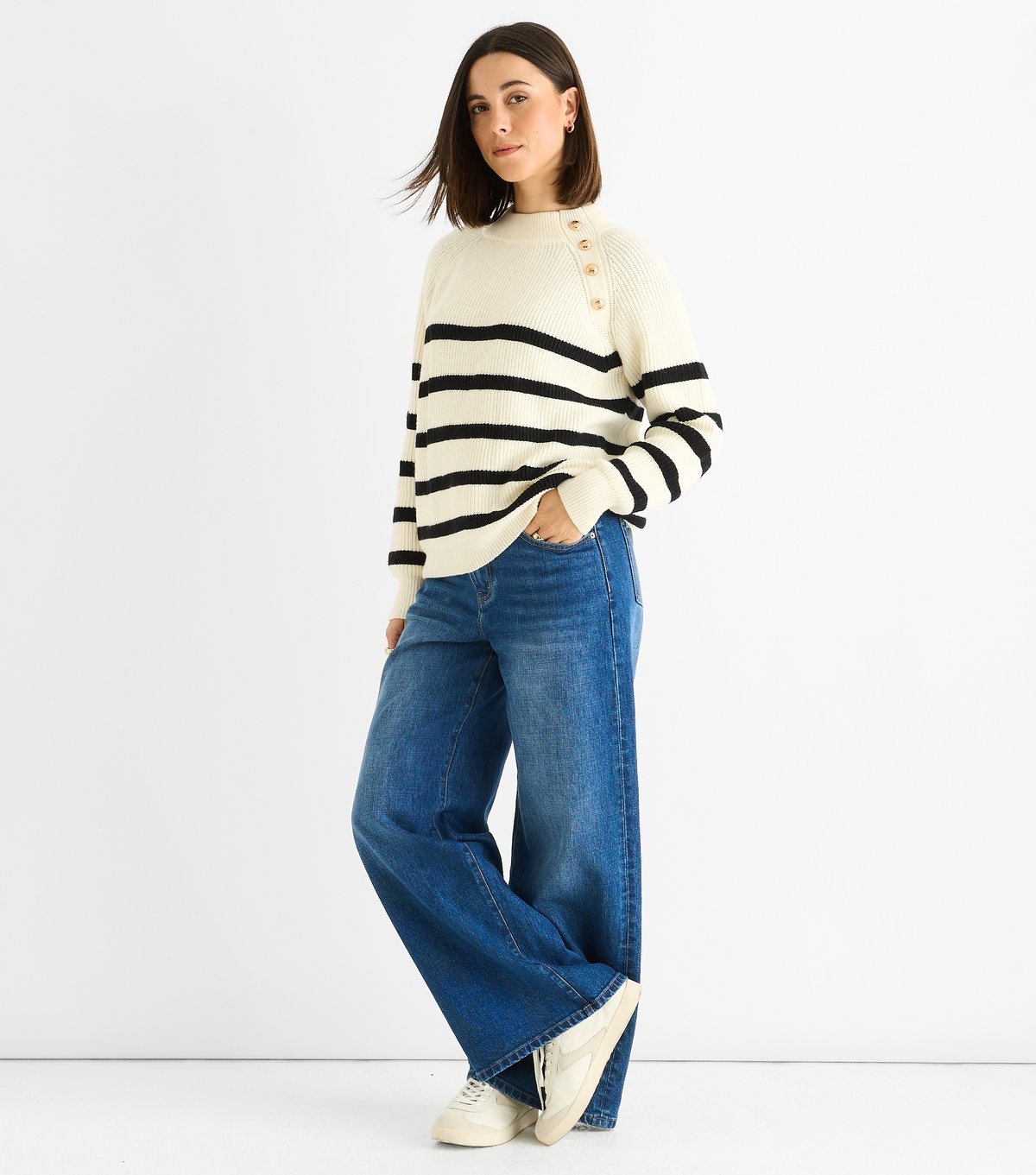 Gini London Women's Cream Striped Button Detail Jumper Gini London New Look - 3