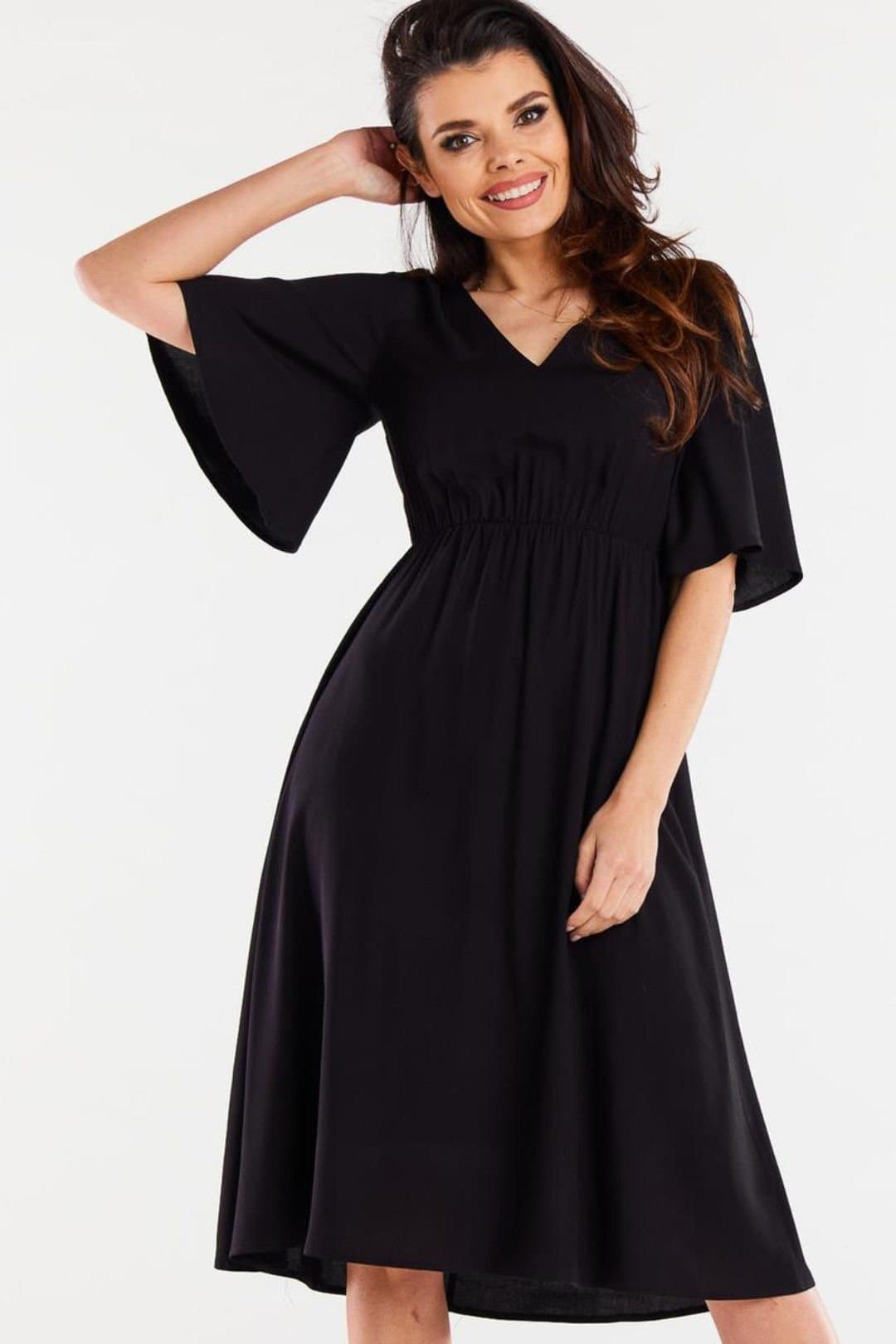Love Lace Love Lace Women's Viscose Day Dress Elastic Waist Wide Sleeve in Black