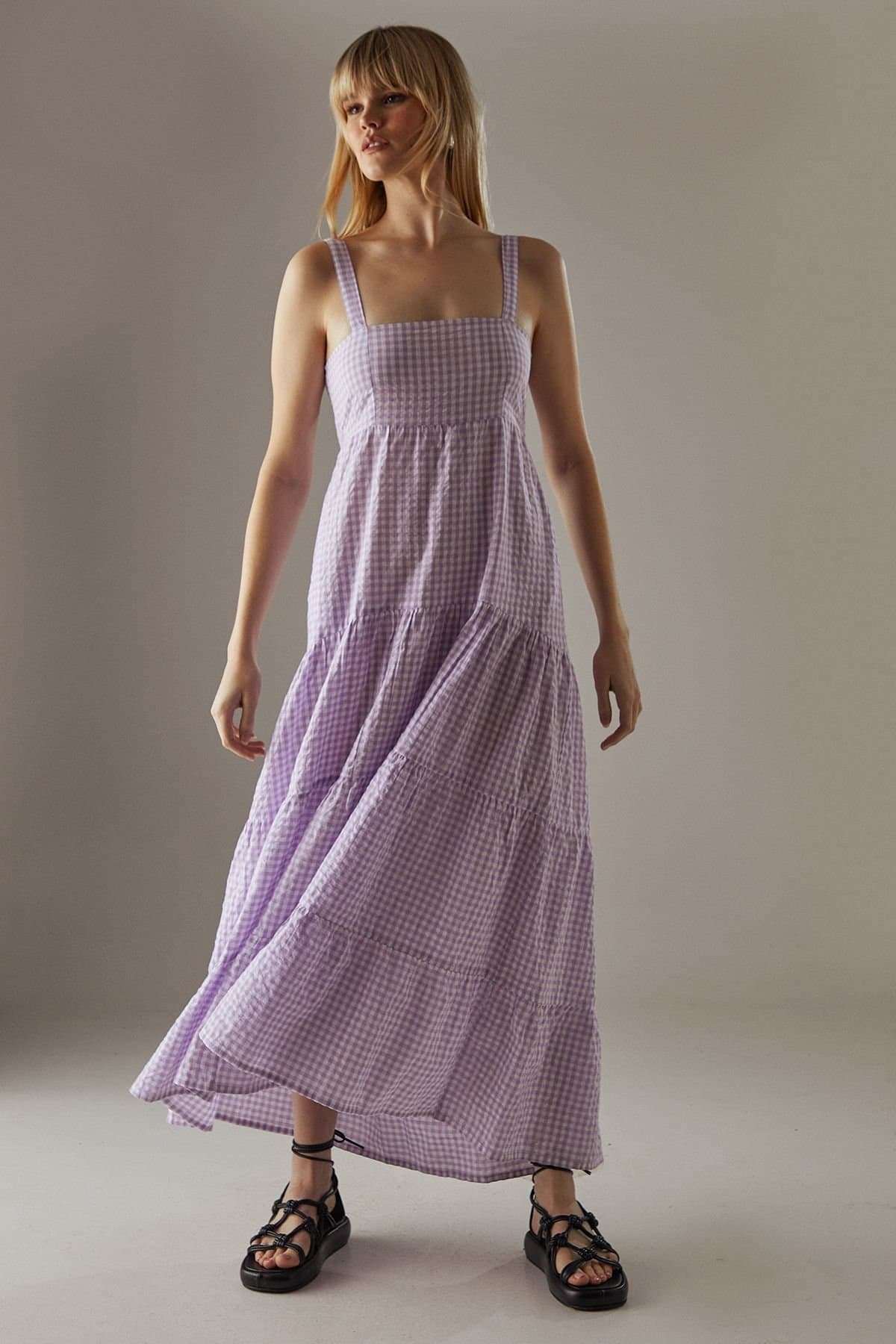 Warehouse Warehouse Purple Gingham Midi Sundress in Linen-Look