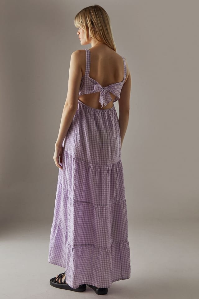 Warehouse Warehouse Women's Linen-Look Strappy Tie Back Tier Midi Sundress in Neutral - 3