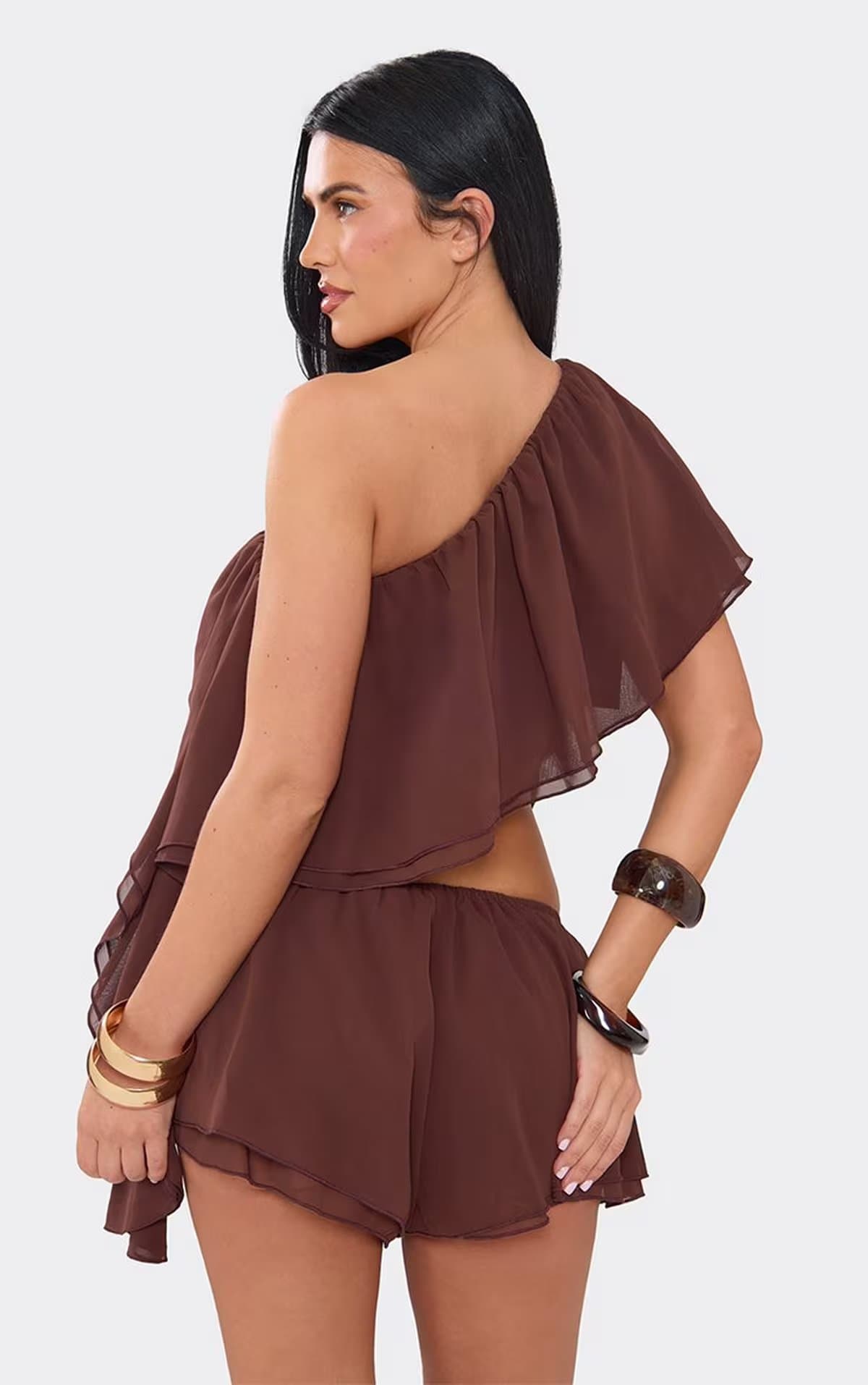 EGO One Shoulder Ruched Frill Playsuit In Chocolate, Women's Size UK 6