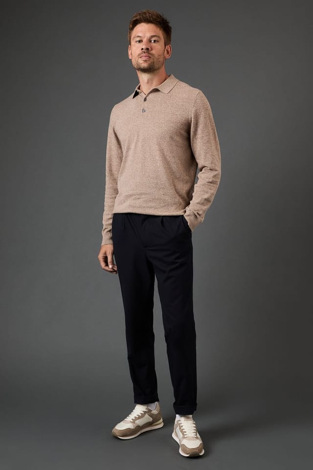 Burton Burton Men's Cotton Rich Long Sleeve Knitted Polo in Oatmeal - 2