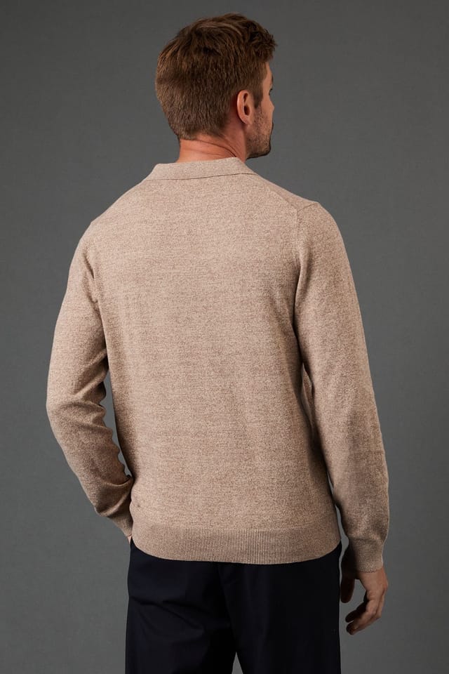 Burton Burton Men's Cotton Rich Long Sleeve Knitted Polo in Oatmeal - 3