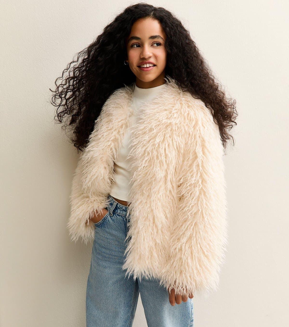 New Look Girls' White Shaggy Faux Fur Coat New Look