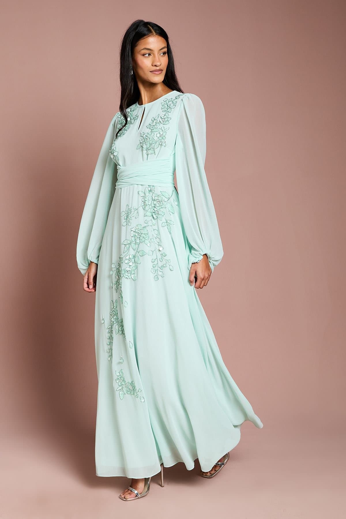 Coast Coast Women's Petite Long Sleeve Wrap Waist Embellished Floral Maxi Dress in Mint