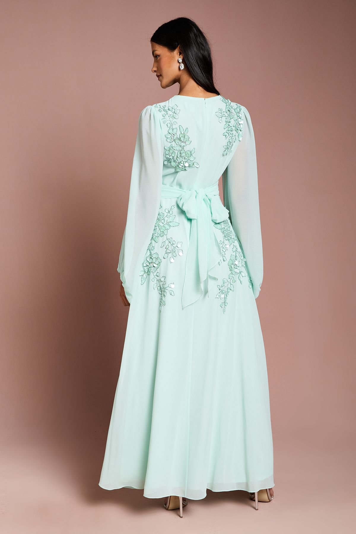 Coast Coast Women's Petite Long Sleeve Wrap Waist Embellished Floral Maxi Dress in Mint - 3