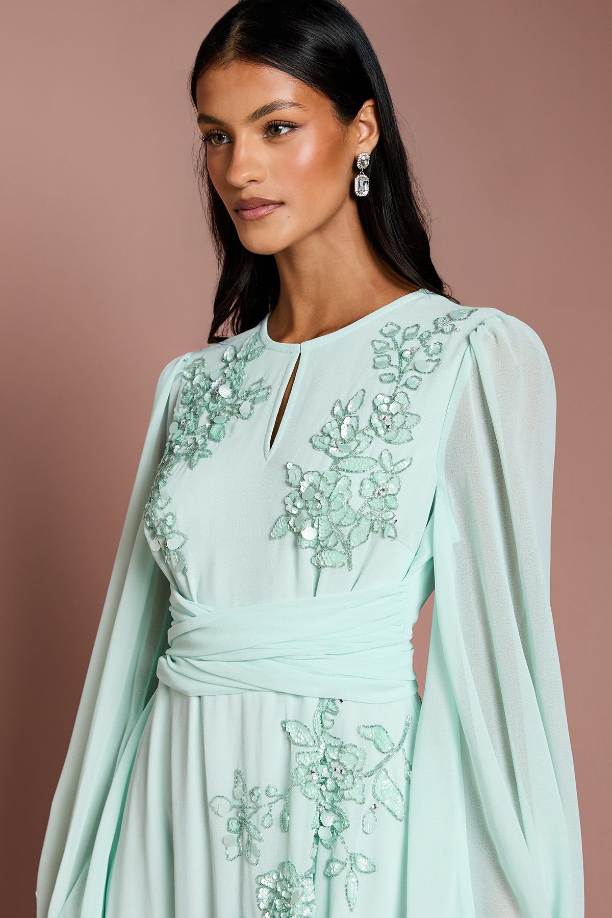 Coast Coast Women's Petite Long Sleeve Wrap Waist Embellished Floral Maxi Dress in Mint - 4