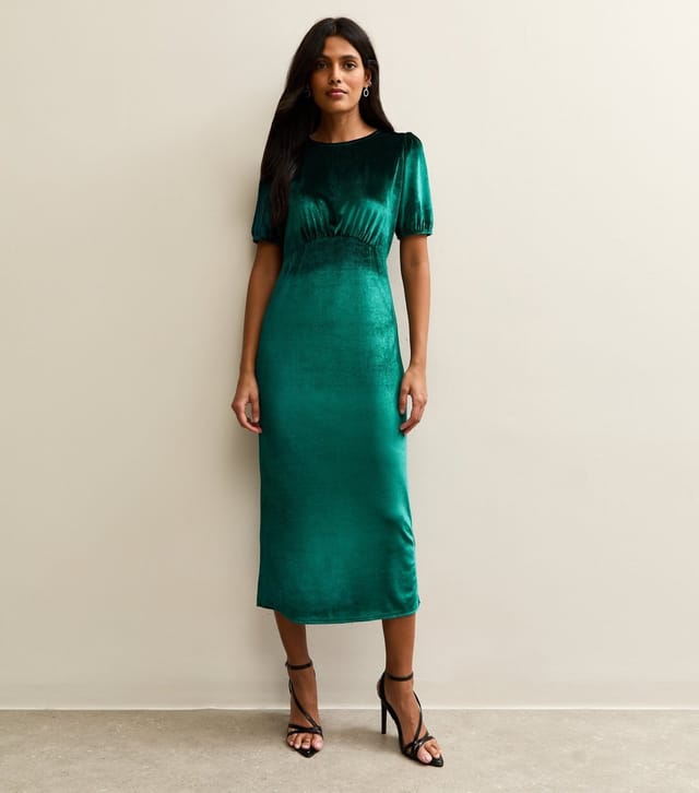 New Look Women's Dark Green Velvet Puff Sleeve Midi Dress New Look - 3