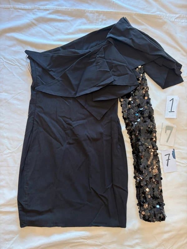 Aqua Women’s ASOS black dress with embellished shoulder and sequinned arm detail size 12 vgc