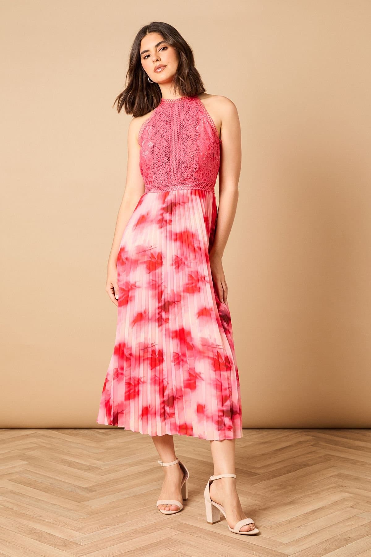 Oasis Oasis Women's Printed Lace Mix Halterneck Midi Dress