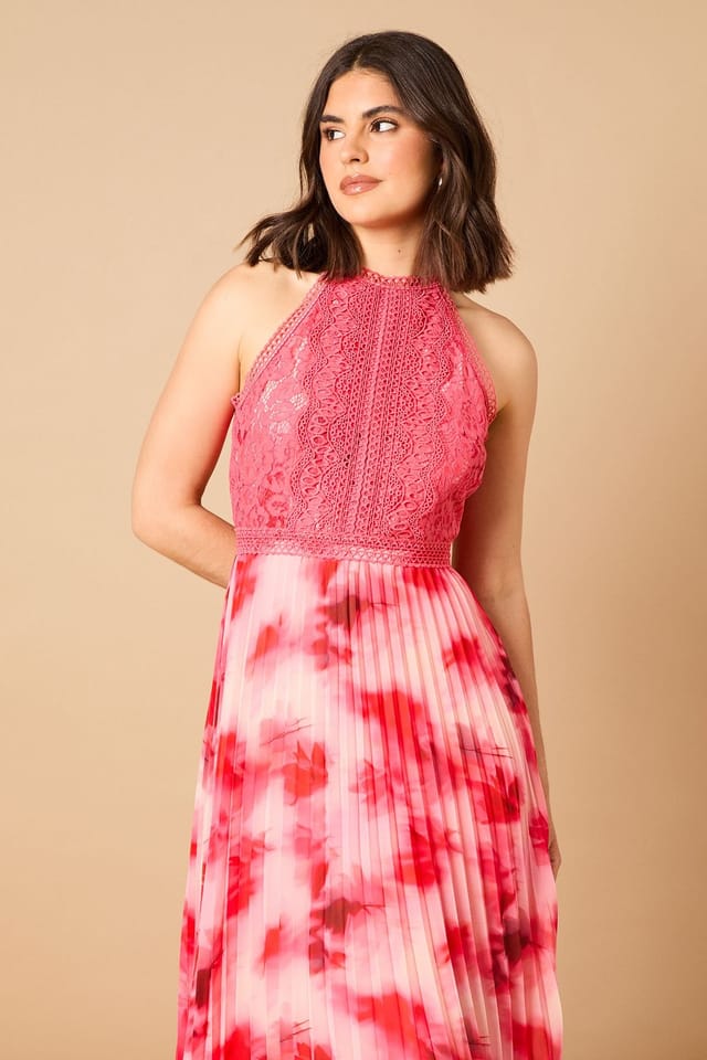 Oasis Oasis Women's Printed Lace Mix Halterneck Midi Dress - 2