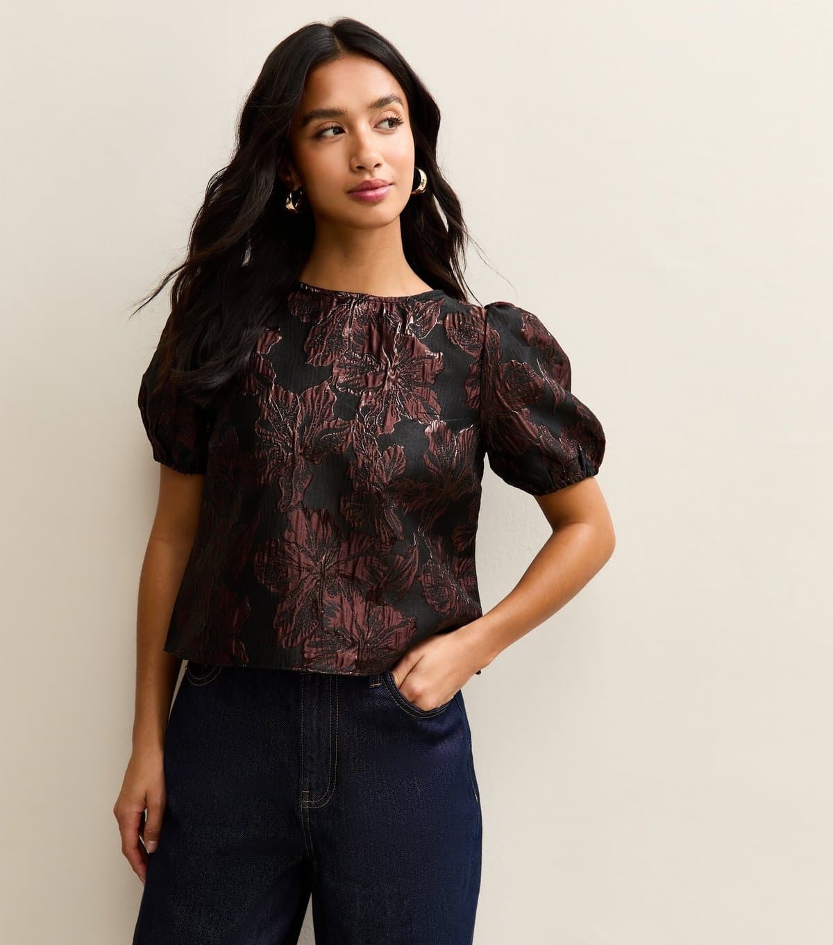 New Look Women's Petite Dark Burgundy Floral Jacquard Puff Sleeve Top New Look