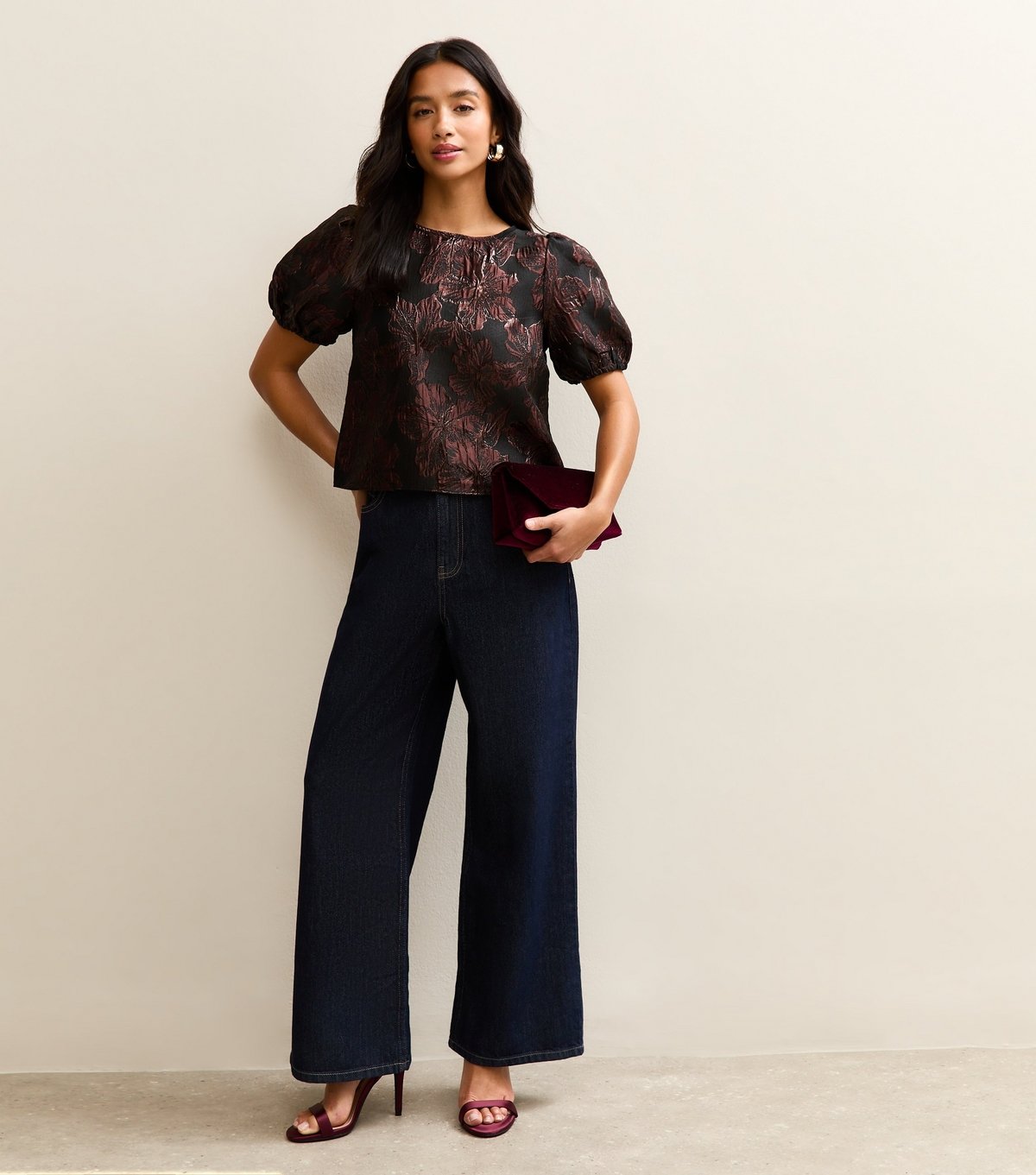 New Look Women's Petite Dark Burgundy Floral Jacquard Puff Sleeve Top New Look - 2