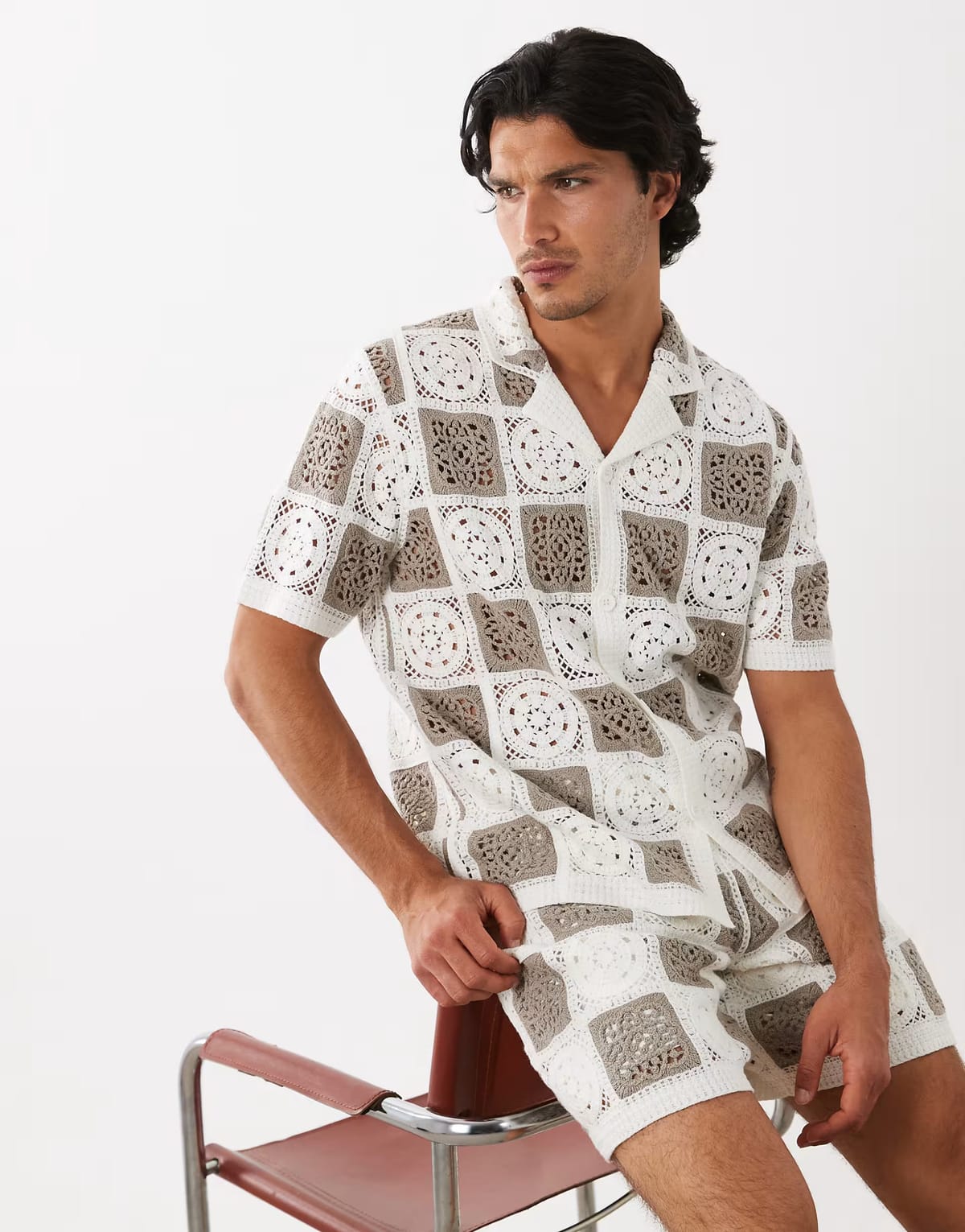 ASOS ASOS DESIGN relaxed short sleeve knitted crochet button through revere shirt in sage & ecru - 1