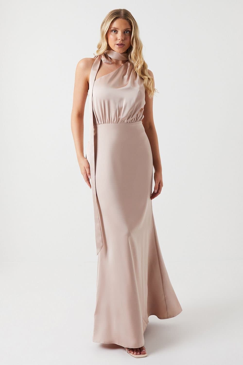 Coast Coast Women's One Shoulder Tie Neck Satin Bridesmaid Dress in Mocha
