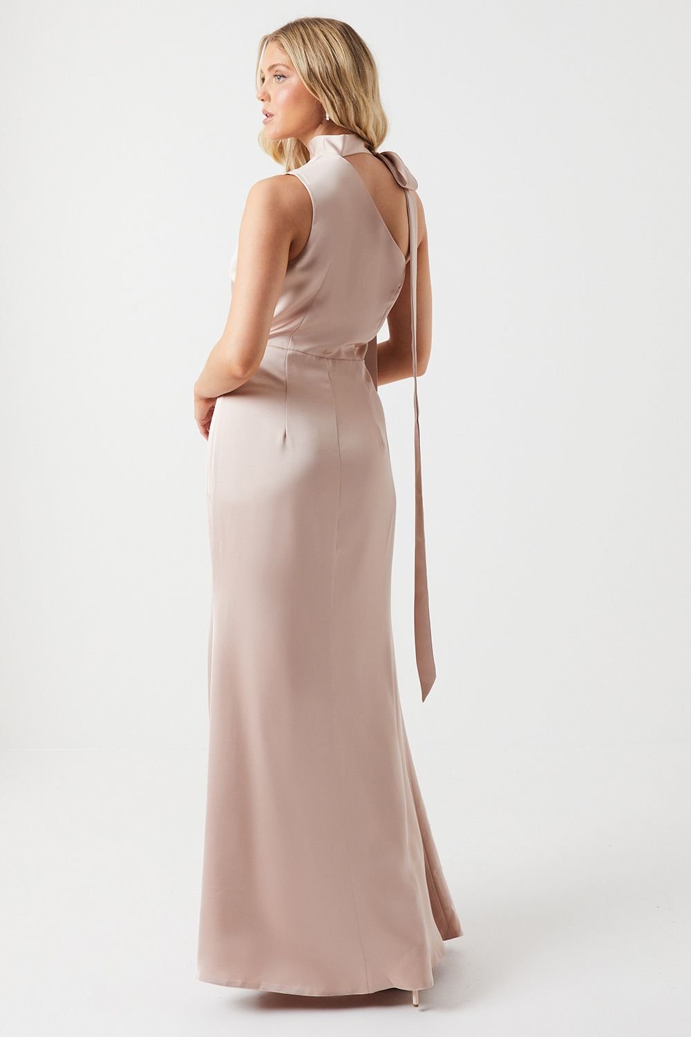 Coast Coast Women's One Shoulder Tie Neck Satin Bridesmaid Dress in Mocha - 3