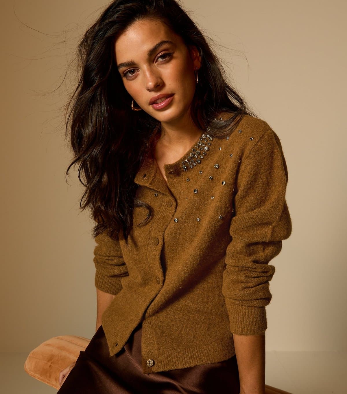New Look New Look Tan Diamanté Embellished Crew-Neck Cardigan