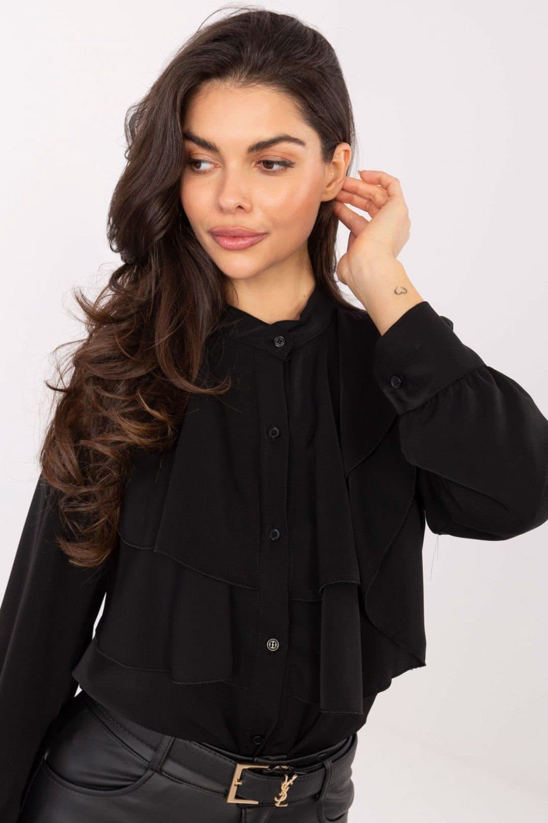 Love Lace Love Lace Women's Collarless Long Sleeve Frill Shirt in Black