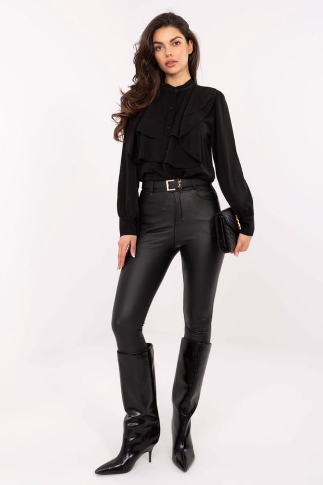 Love Lace Love Lace Women's Collarless Long Sleeve Frill Shirt in Black - 2