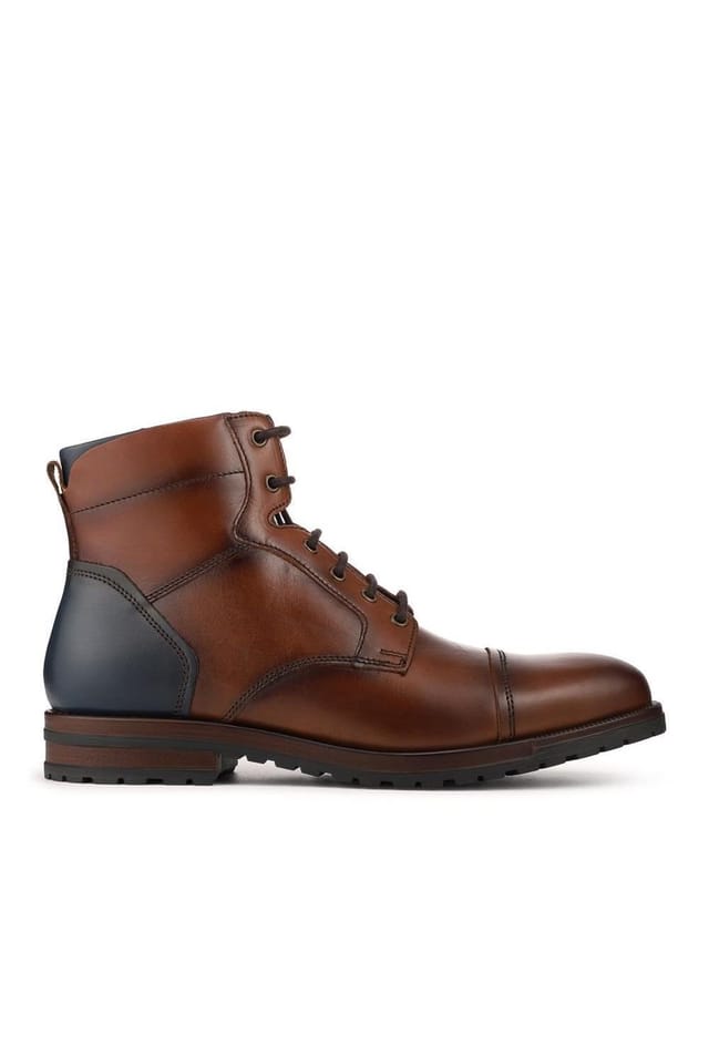 Pavers Pavers Men's Leather Two Tone Lace Up Boots With Toe Cap in Tan - 2