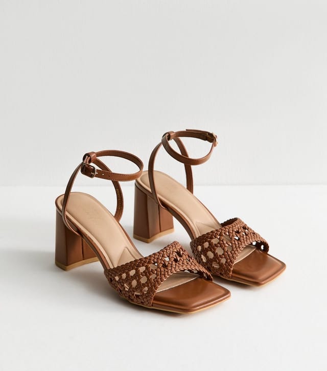 New Look Women's Tan Faux Leather Woven Strap Block Heel Sandals Vegan New Look - 3